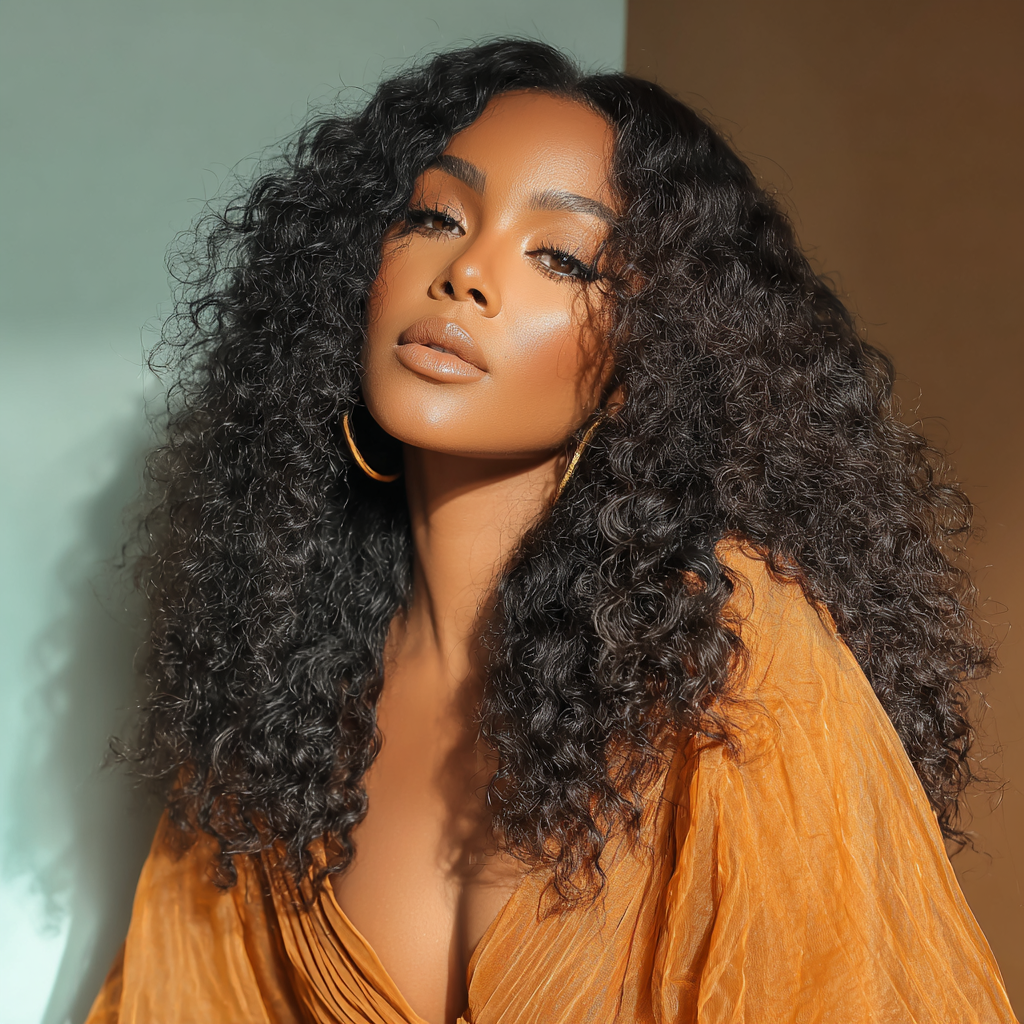 Sanaa — Deep Curly · Brown Highlight · 16in raw Vietnamese hair wig by Miné Hair