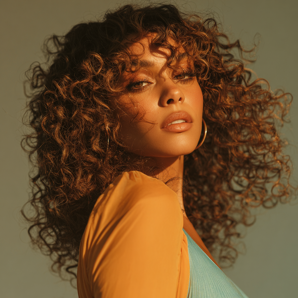 Solène — Italian Curl · Chestnut & Blonde Highlights · 150% Density · 16in raw Vietnamese hair wig by Miné Hair